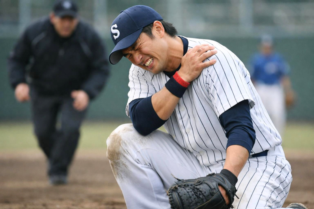野球肩でマウンドに蹲る選手